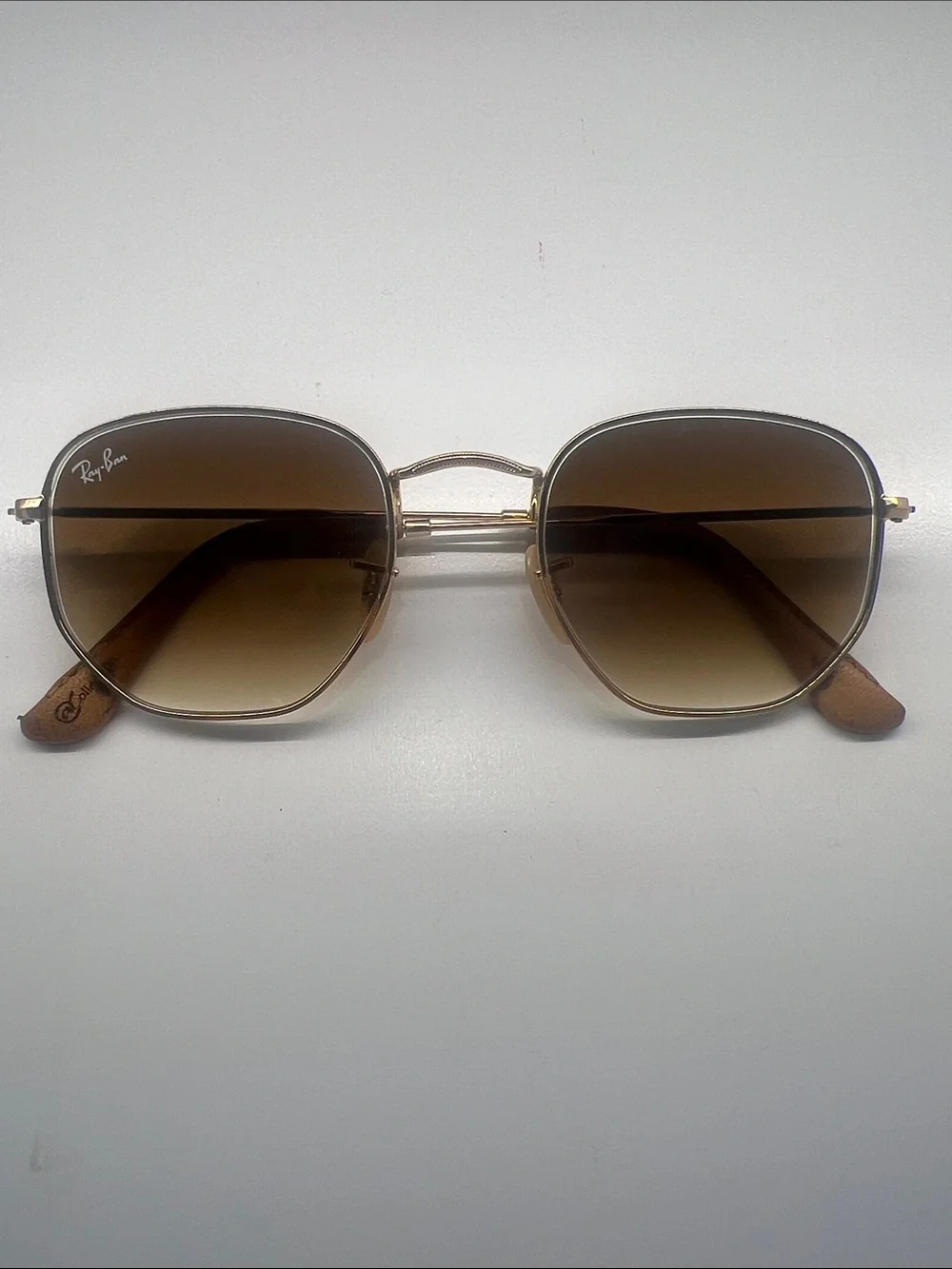 Ray-Ban Gold Frame Brown Sunglasses with Leather Case Hexagon Flat lenses